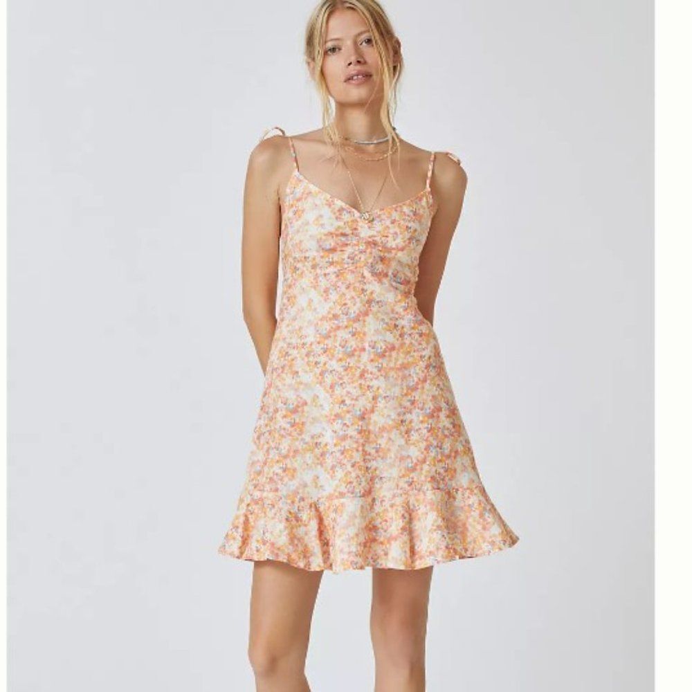 Cloth & Stone Linen Smocked Mini Dress Floral Ruffle L NWT